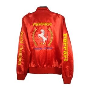 Vtg Style Auto 80's Ferrari Red Satin Bomber Jacket Mens Medium Embroidered Read